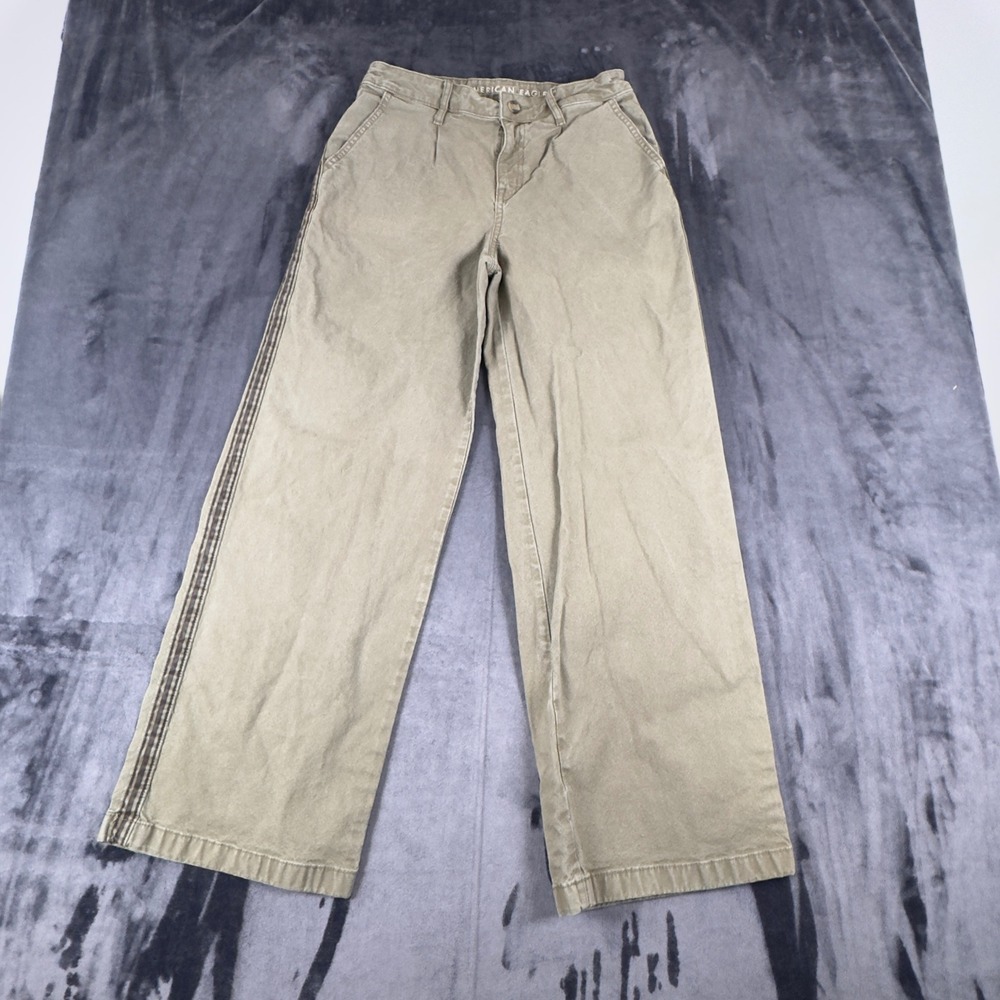 American Eagle Baggy Wide Leg Pants Womens 6 Khaki Tan Plaid Stripe High Rise